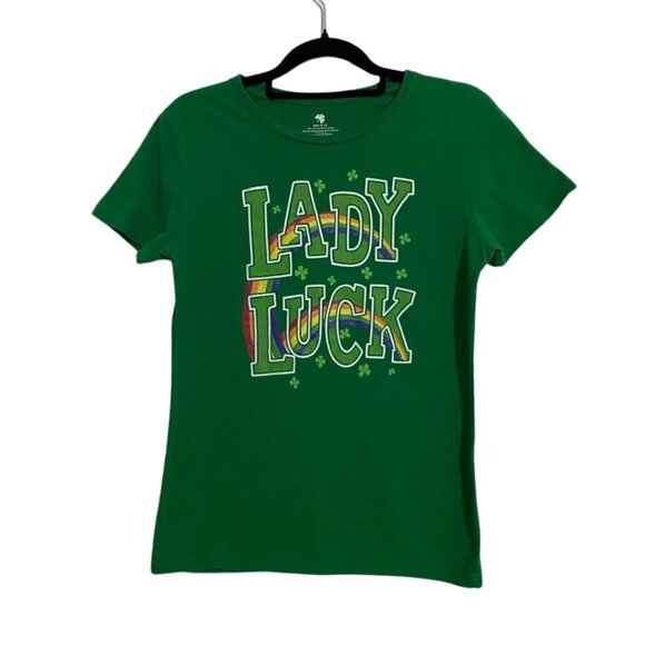 Lady Luck Cotton Short Sleeve Shamrock St Patrick's Day Rainbow T-Shirt - Picture 1 of 7